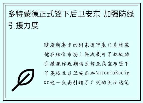 多特蒙德正式签下后卫安东 加强防线引援力度